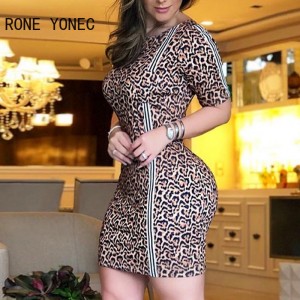 Women Elegant Round Neck Short Sleeves Leopard Pattern Bodycon Mini Dress